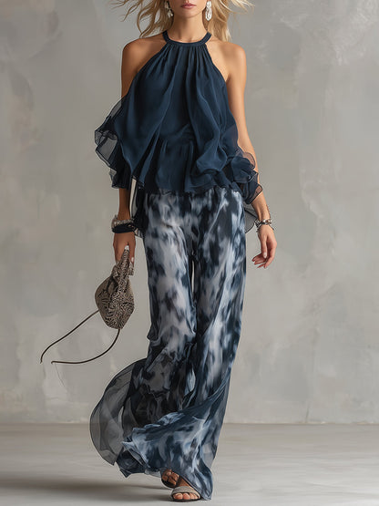 Ludovica | Top Halter Elegante Azul Marino y Conjunto de Pantalones Amplios Estampados