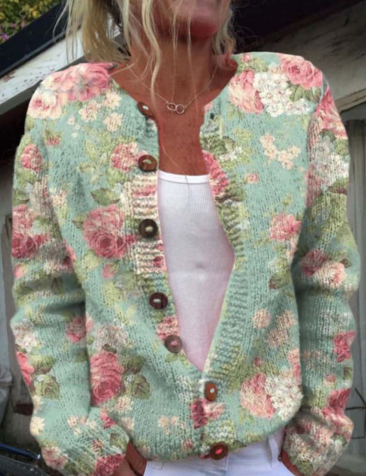 Debrah | Elegante cárdigan verde con estampado floral