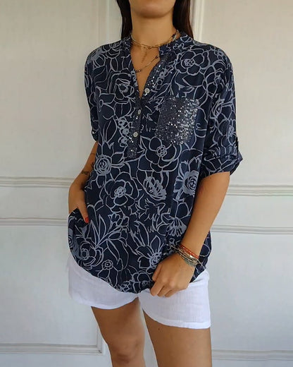 Blusa Estampada Abotonada con Cuello en V