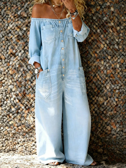 Noa | Salopette de Denim con Escote Off-Shoulder