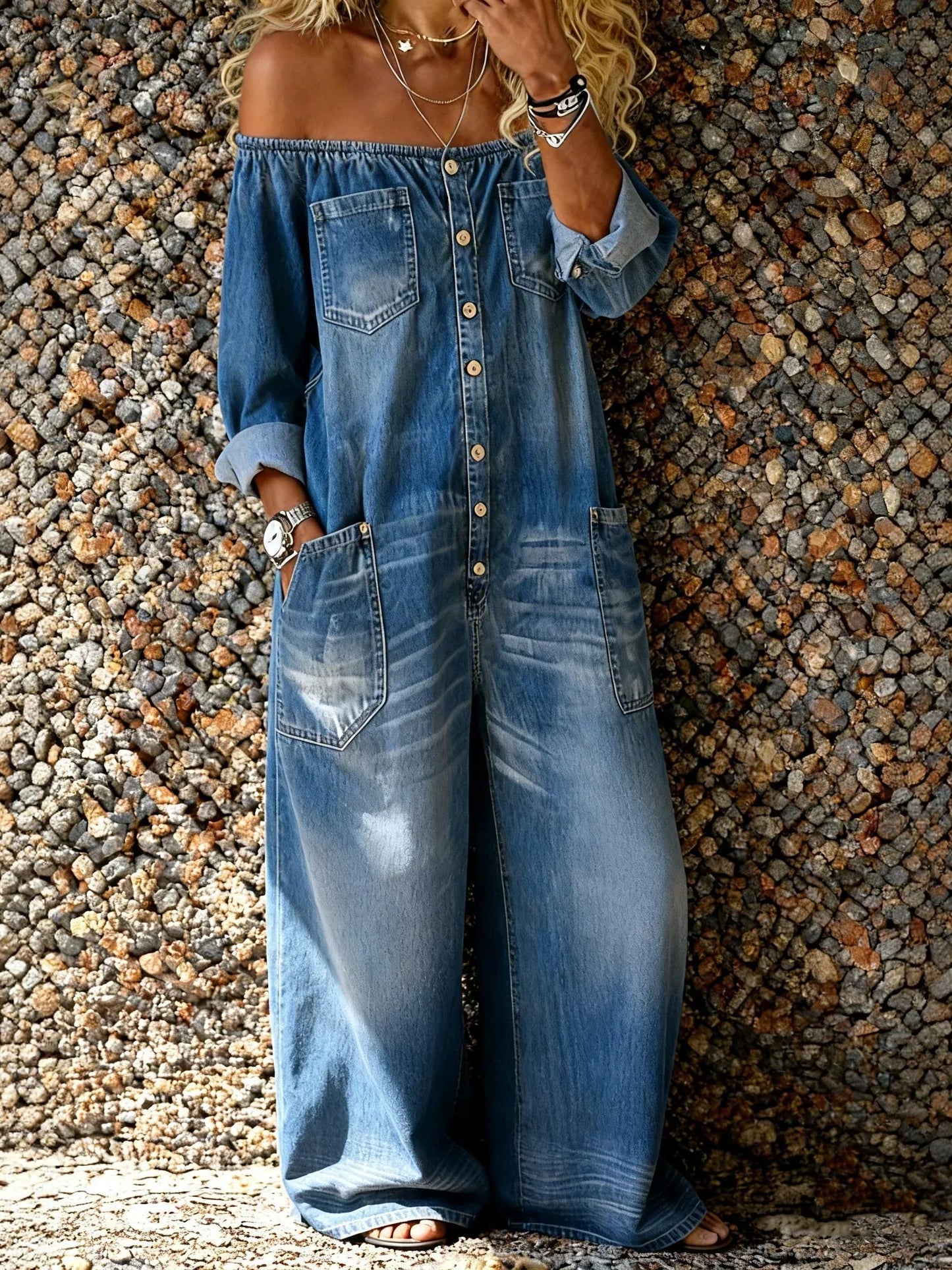 Noa | Salopette de Denim con Escote Off-Shoulder