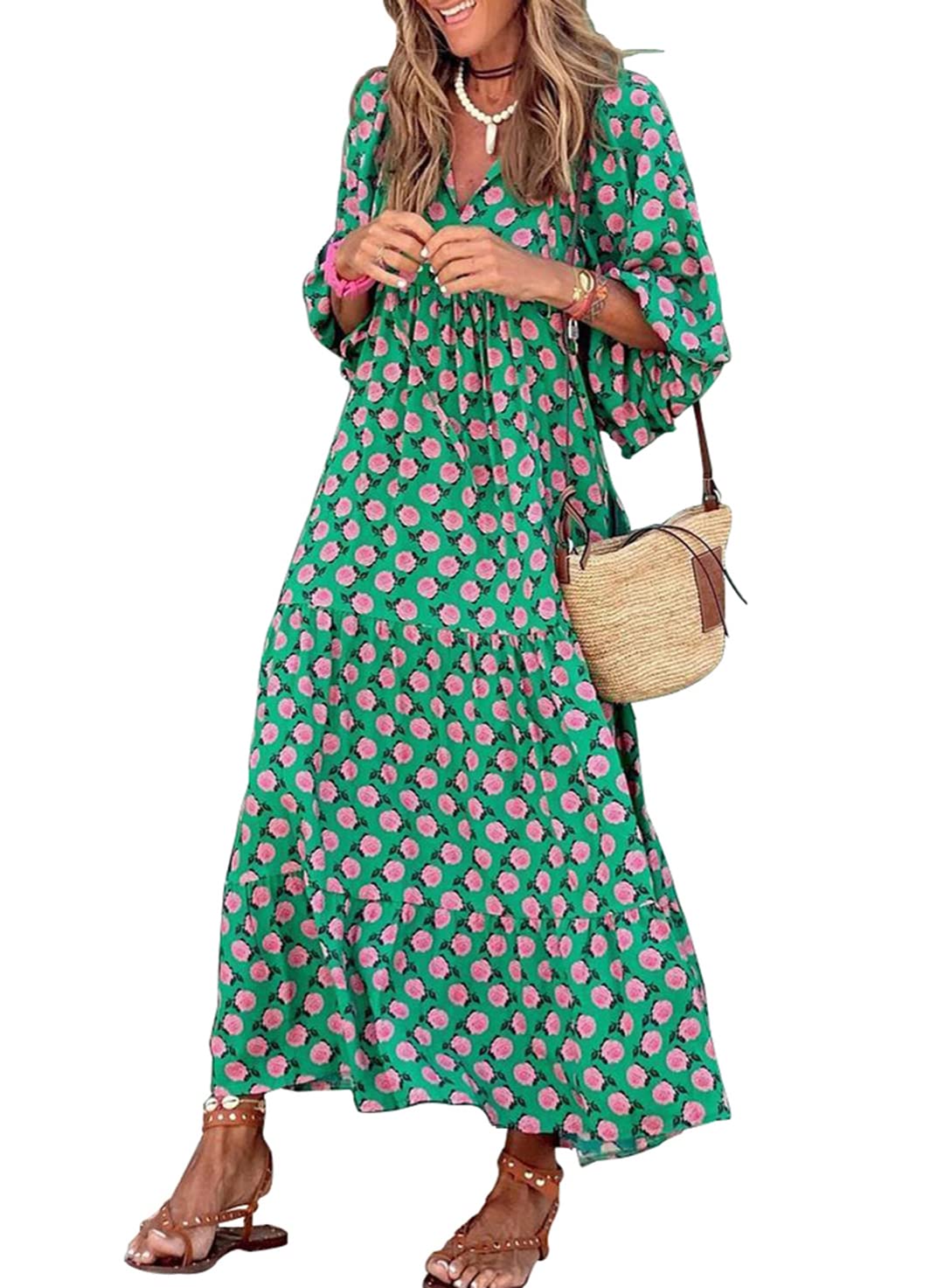 WINONA – VESTIDO MAXI GEOMÉTRICO BOHEMIO CON MANGAS ABULLONADAS PARA MUJER