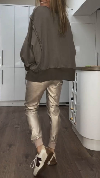 Conjunto Casual de Cuello Redondo para Mujeres + Pantalones de Cuero Sintético