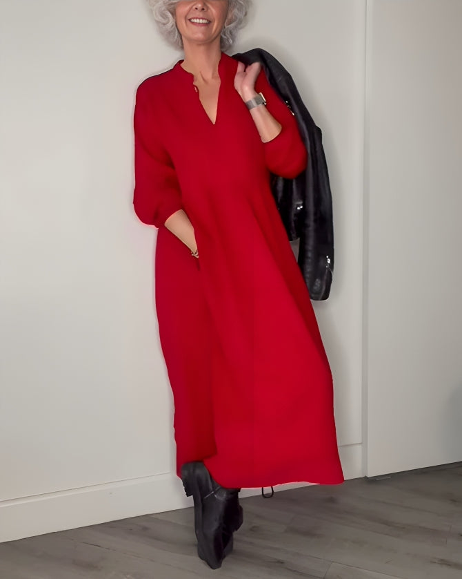 AMANDA – VESTIDO MAXI DE MANGA LARGA Y ESCOTE EN V ELEGANTE