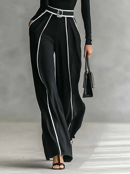 Conjunto de Top de Manga Larga y Cuello Alto con Ribete Blanco, Pantalones de Pierna Ancha y Cinturón