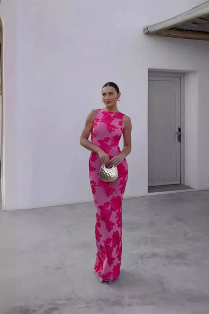 Calliope - Vestido Maxi de Malla con Apliques Florales