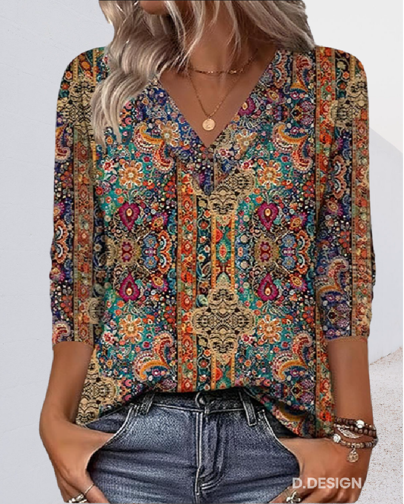 Blusa Retro Impresa con Cuello en V