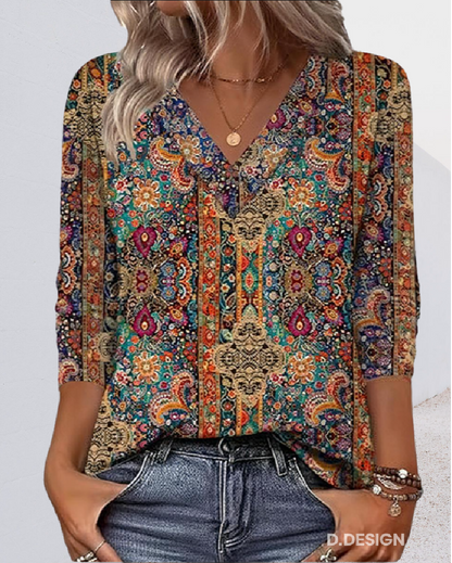 Blusa Retro Estampada V-Cuello