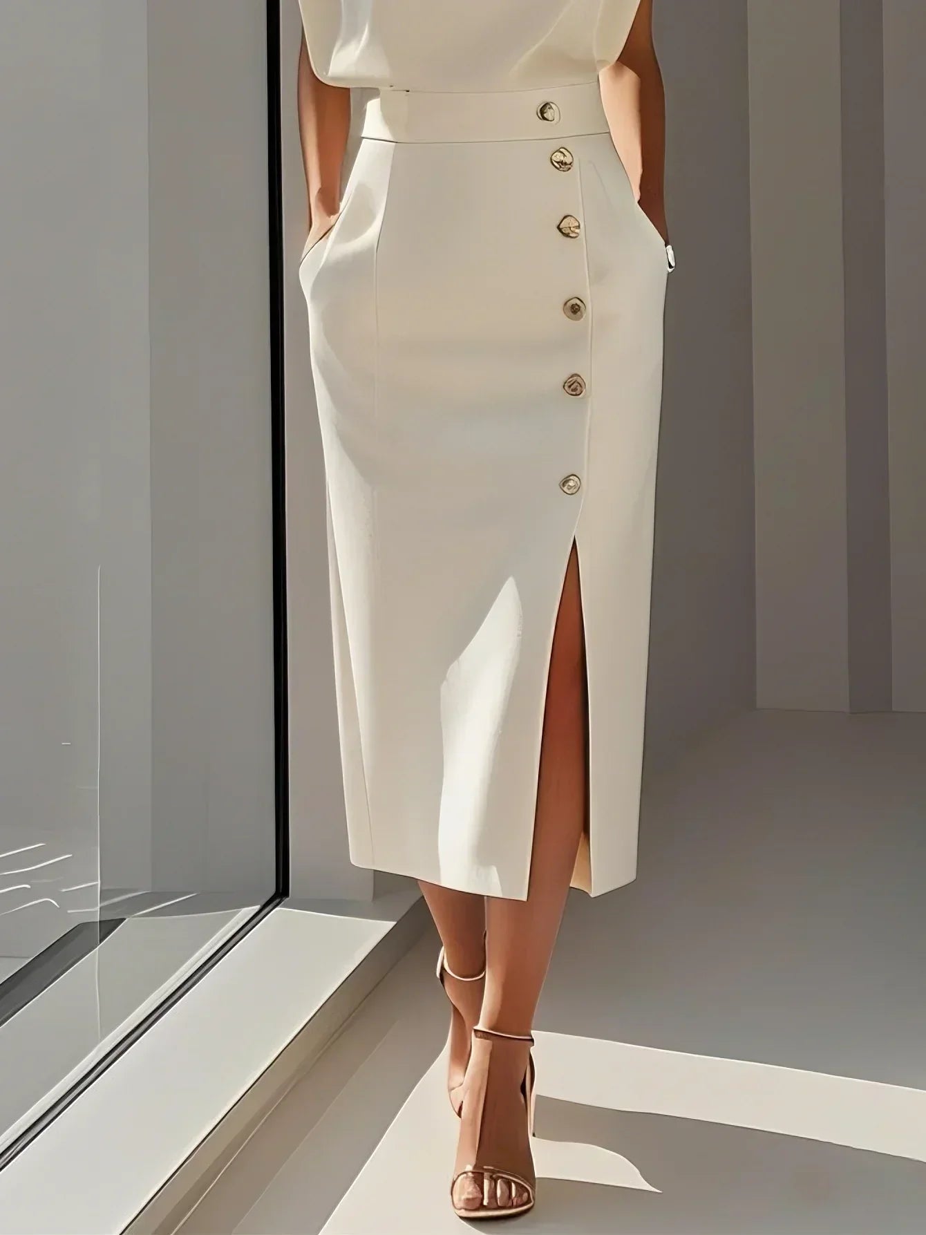Malene™ | Vestido Midi Sólido con Abertura de Botones y Escote Redondo