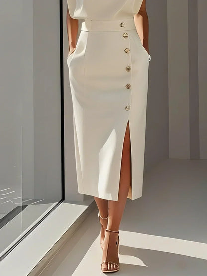 Malene™ | Vestido Midi Sólido con Abertura de Botón y Escote Redondo