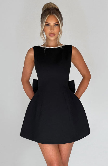 Hollis - Vestido Mini Elegante con Lazo de Perlas