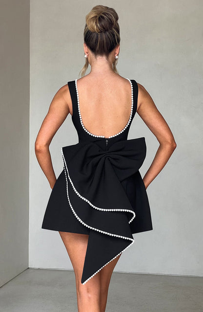 Hollis - Vestido Mini Elegante con Lazo de Perlas