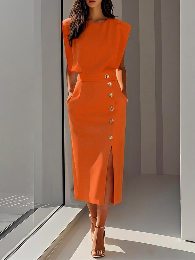 Malene™ | Vestido Midi Sólido con Abertura de Botón y Escote Redondo