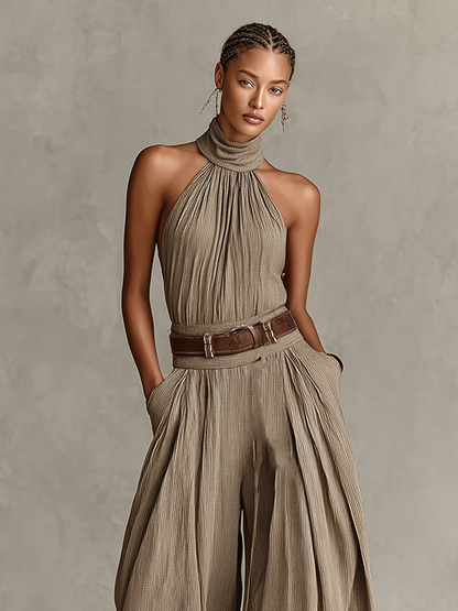 Mono de Algodón Mezclado Taupe para Mujer con Cuello Americano y Silueta de Pierna Ancha, Estilo Boho-Élegante Atemporal (Sin Cintura)