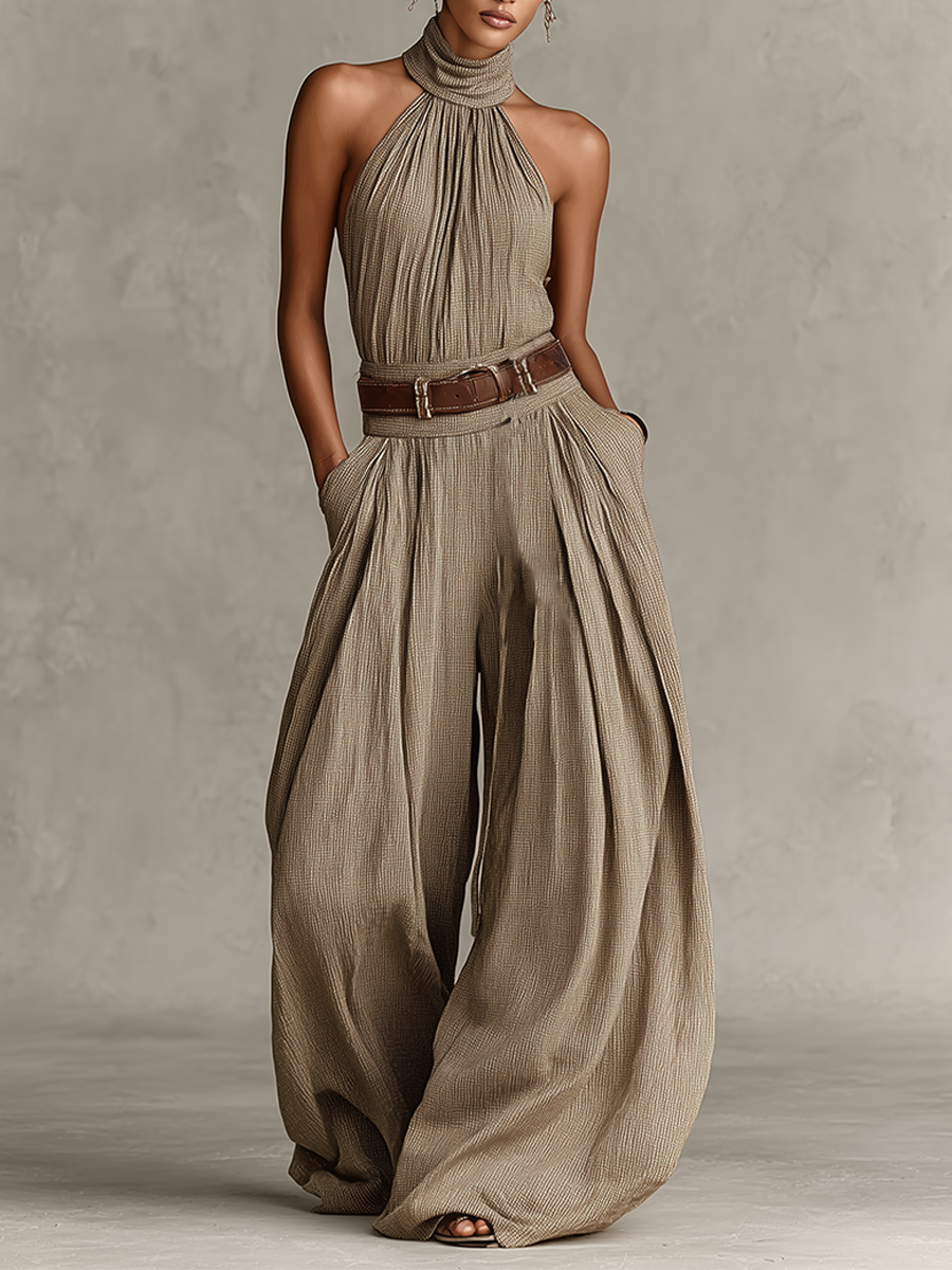 Mono de Algodón Mezclado Taupe para Mujer con Cuello Americano y Silueta de Pierna Ancha, Estilo Boho-Élegante Atemporal (Sin Cintura)