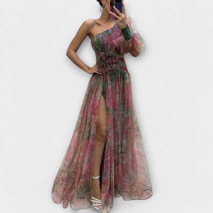 Vestido de Noche Elegante con Un Hombro y Cintura Adelgazante