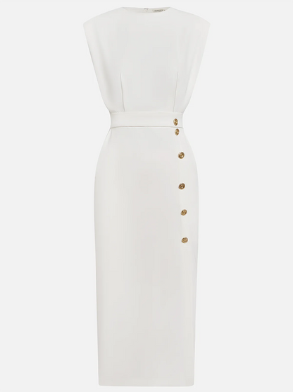Malene™ | Vestido Midi Sólido con Abertura de Botones y Escote Redondo