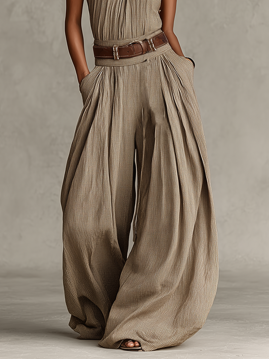 Mono de Algodón Mezclado Taupe para Mujer con Cuello Americano y Silueta de Pierna Ancha, Estilo Boho-Élegante Atemporal (Sin Cintura)