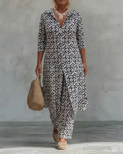 Sara | Conjunto de Túnica con Estampado Geométrico Bohemio y Pantalones de Pierna Ancha