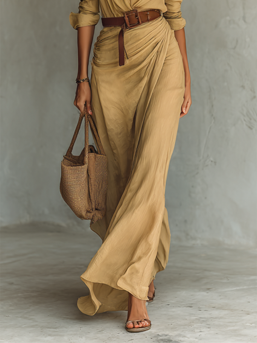 Vestido Maxi Elegante con Solapas y Mangas Largas para Mujer