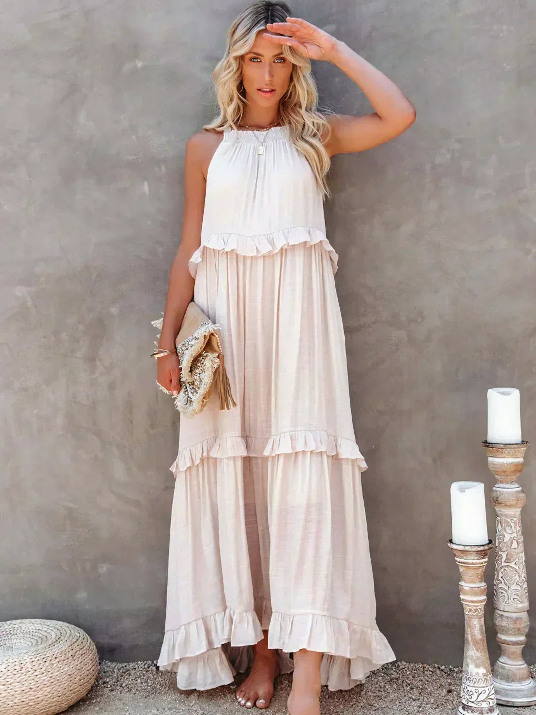 Ilona - Vestido Halter con Volantes y Bolsillos Maxi