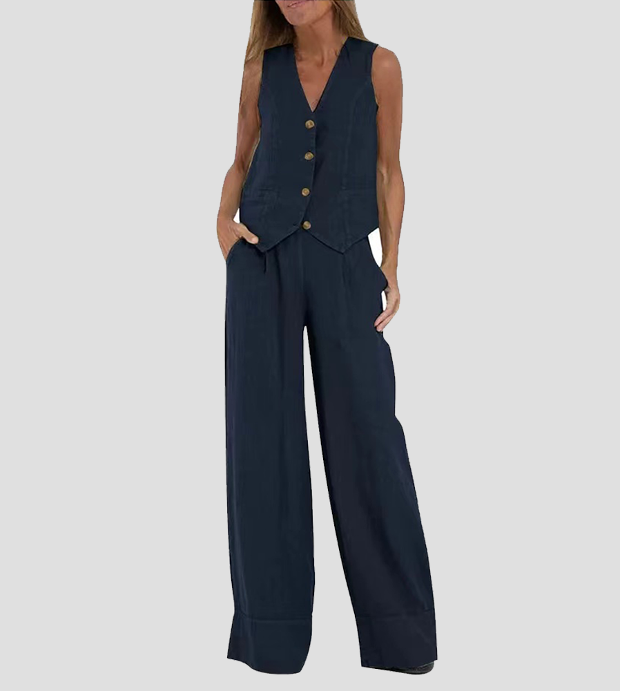 Jessica - Conjunto de Chaleco Abotonado y Pantalones de Pierna Ancha