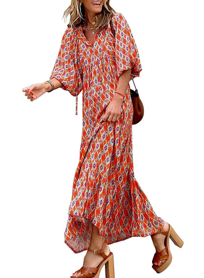 WINONA – VESTIDO MAXI GEOMÉTRICO BOHEMIO CON MANGAS ABULLONADAS PARA MUJER