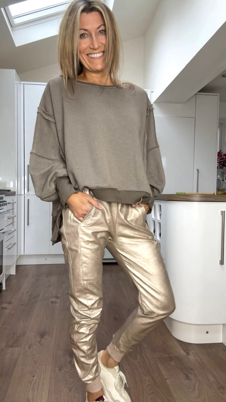 Top Casual de Cuello Redondo para Mujer + Pantalones de Cuero