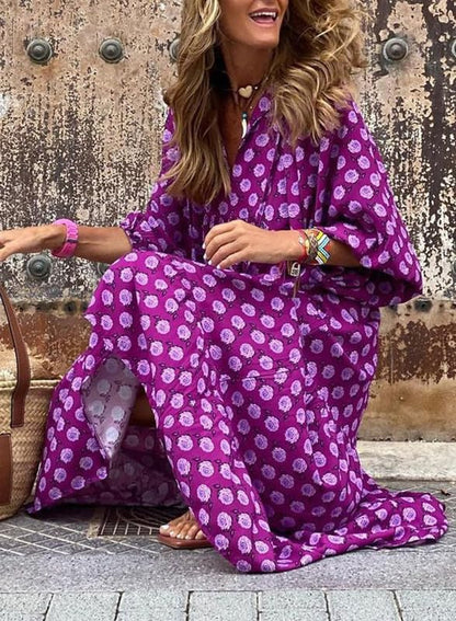 WINONA – VESTIDO MAXI GEOMÉTRICO BOHEMIO CON MANGAS ABULLONADAS PARA MUJER