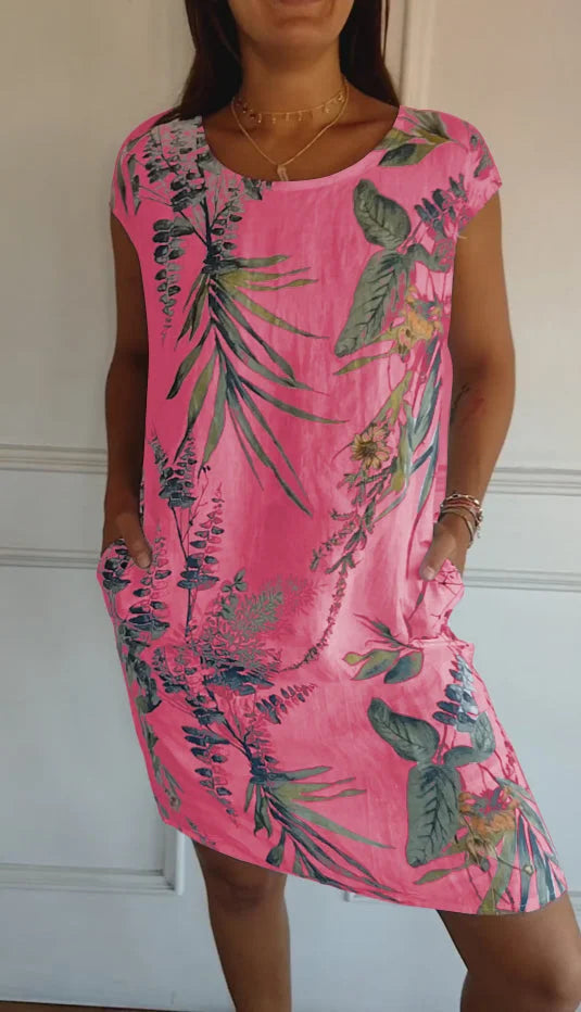Vestido de verano estampado de algodón y lino para mujeres con bolsillos
