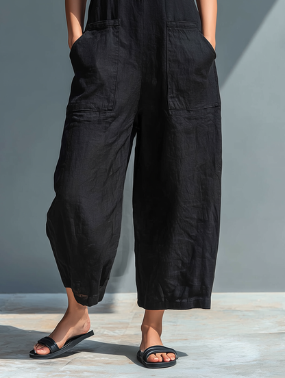 Pantalón sin mangas de mezcla de lino con cuello alto y botones para mujeres