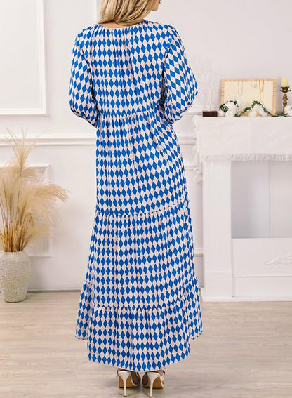 WINONA – VESTIDO MAXI GEOMÉTRICO BOHEMIO CON MANGAS ABULLONADAS PARA MUJER