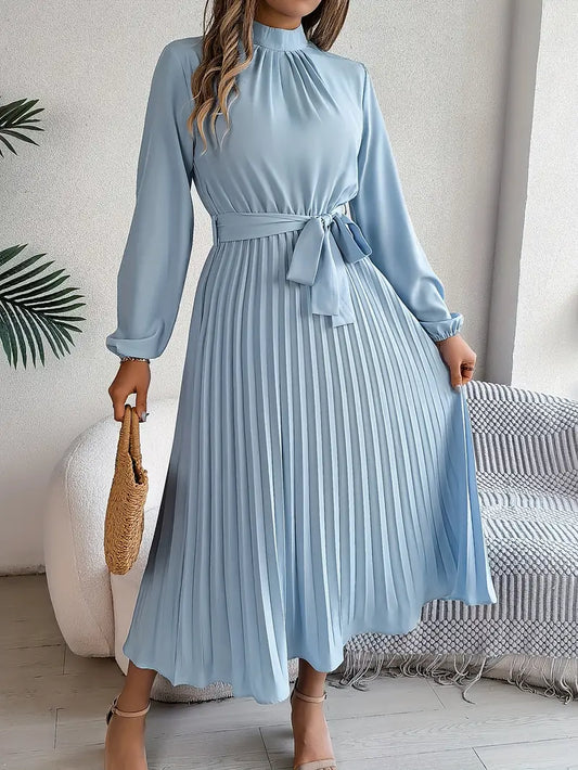 Vestido Midi Plisado de Manga Larga para Mujeres con Cintura con Cinturón