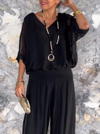 ESMERALDA – CONJUNTO DE PANTALONES ANCHOS DE CHIFFON ELEGANTE DE DOS PIEZAS