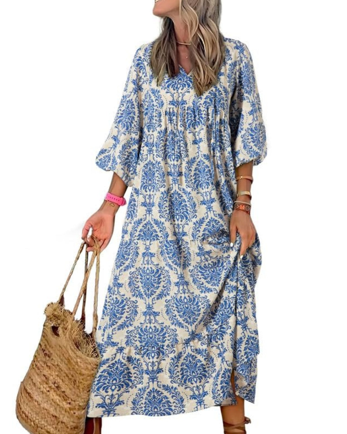 WINONA – VESTIDO MAXI GEOMÉTRICO BOHEMIO CON MANGAS ABULLONADAS PARA MUJER