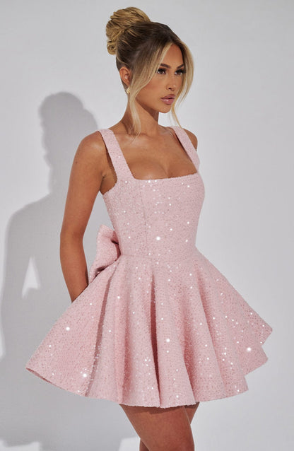 Yara - Vestido Mini Sin Espalda con Lentejuelas y Moño