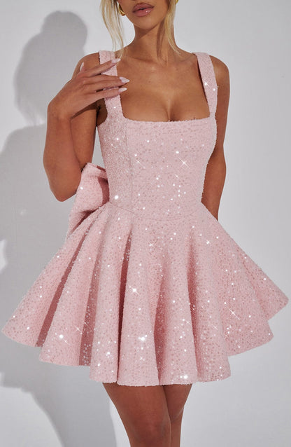 Yara - Vestido Mini Sin Espalda con Lentejuelas y Moño