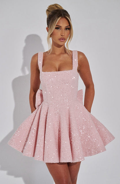 Yara - Vestido Mini Sin Espalda con Lentejuelas y Lazo