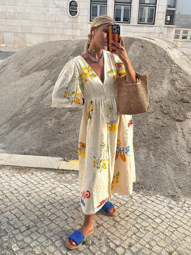 Zoey – Vestido Midi de Verano con Estampado de Ilustración