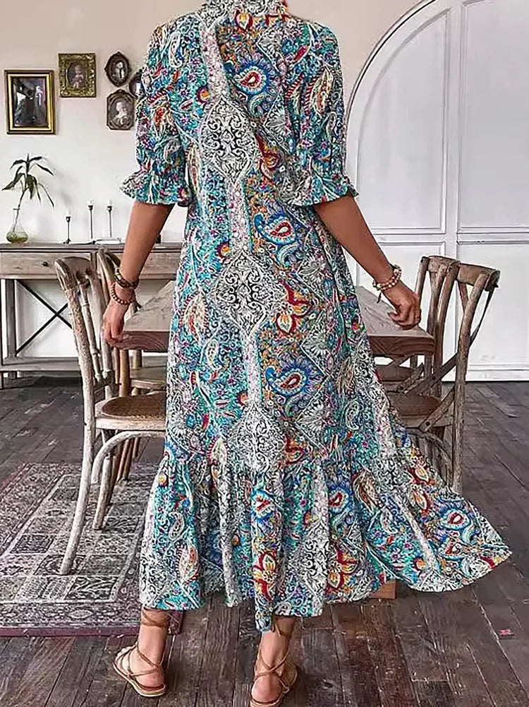 Carolette - Vestido Maxi de Cuello con Cordón Boho