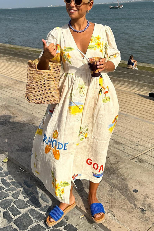 Zoey – Vestido Midi de Verano con Estampado de Ilustración