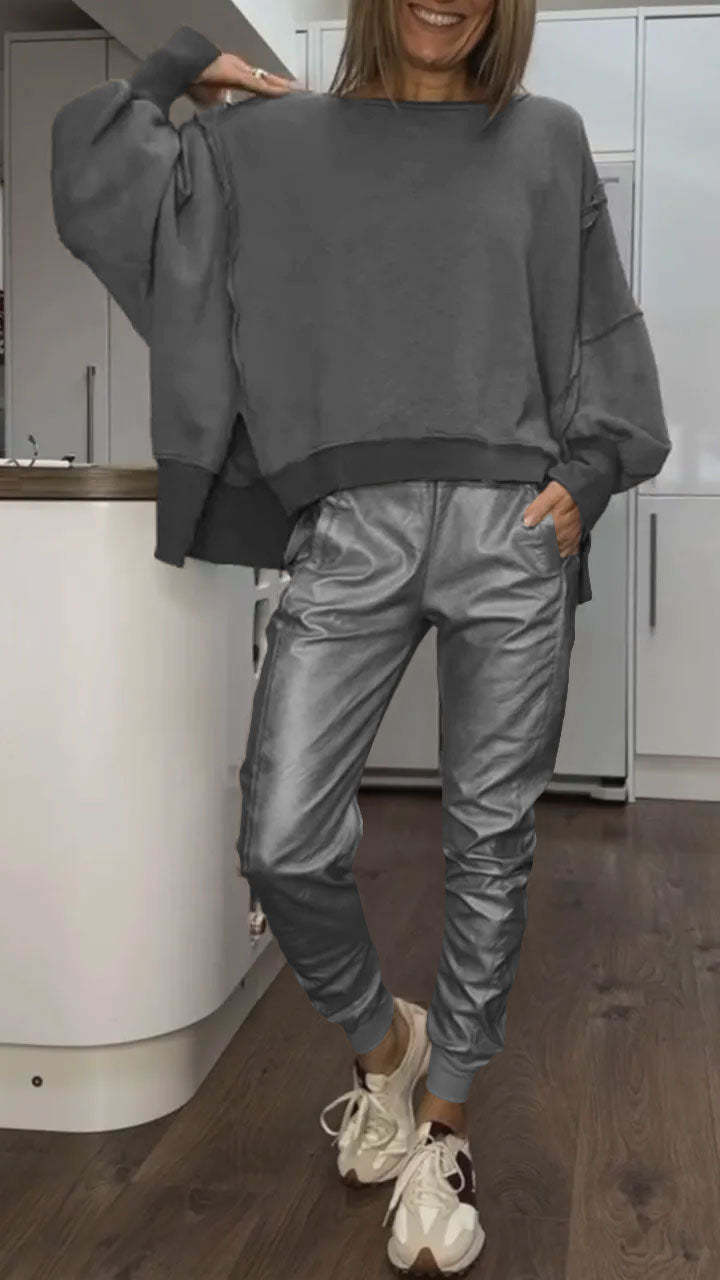 Top Casual de Cuello Redondo para Mujer + Pantalones de Cuero