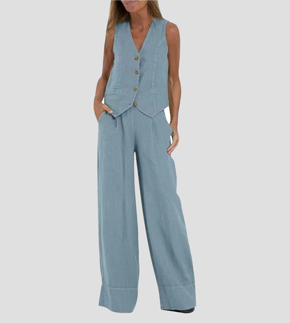Jessica - Conjunto de Chaleco Abotonado y Pantalones de Pierna Ancha