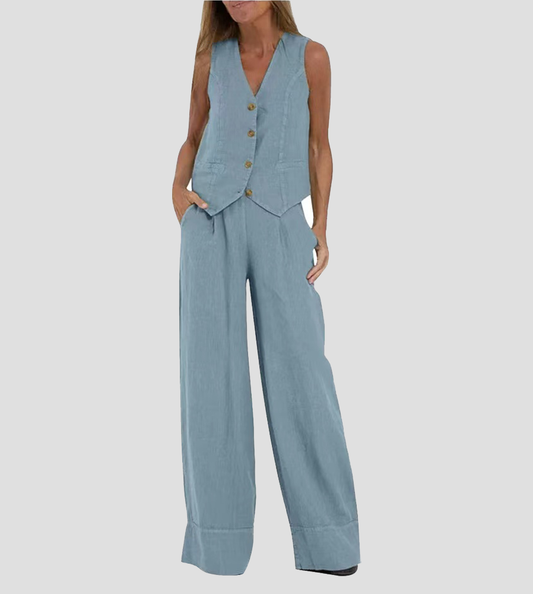 Jessica - Conjunto de Chaleco Abotonado y Pantalones de Pierna Ancha
