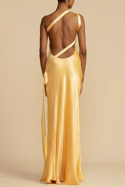 Vestido maxi satinado asimétrico