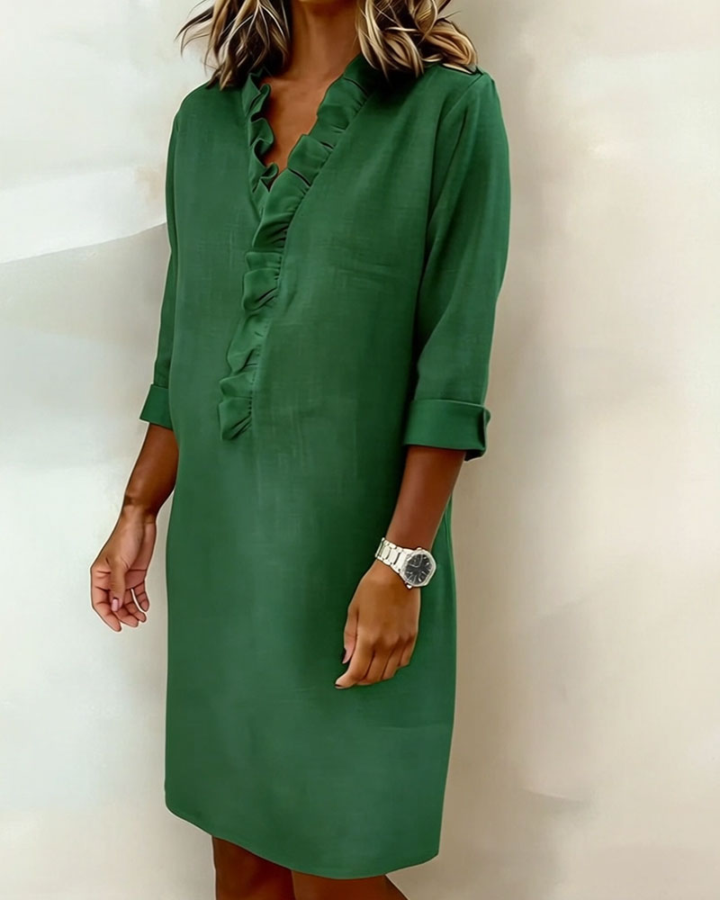 Vestido Sólido con Volantes y Cuello en V