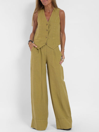 Jessica - Conjunto de Chaleco Abotonado y Pantalones de Pierna Ancha