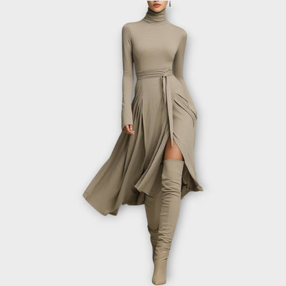 Vestido Maxi Envolvente con Cuello Alto Elegante