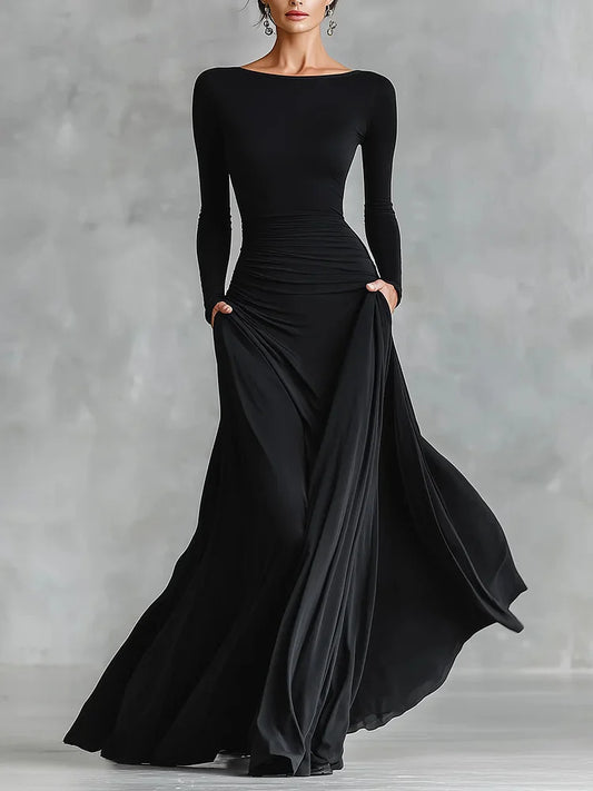 Vestido largo negro moderno de crepé con escote barco plisado