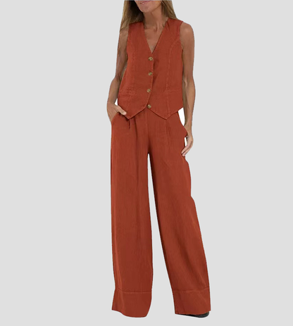 Jessica - Conjunto de Chaleco Abotonado y Pantalones de Pierna Ancha